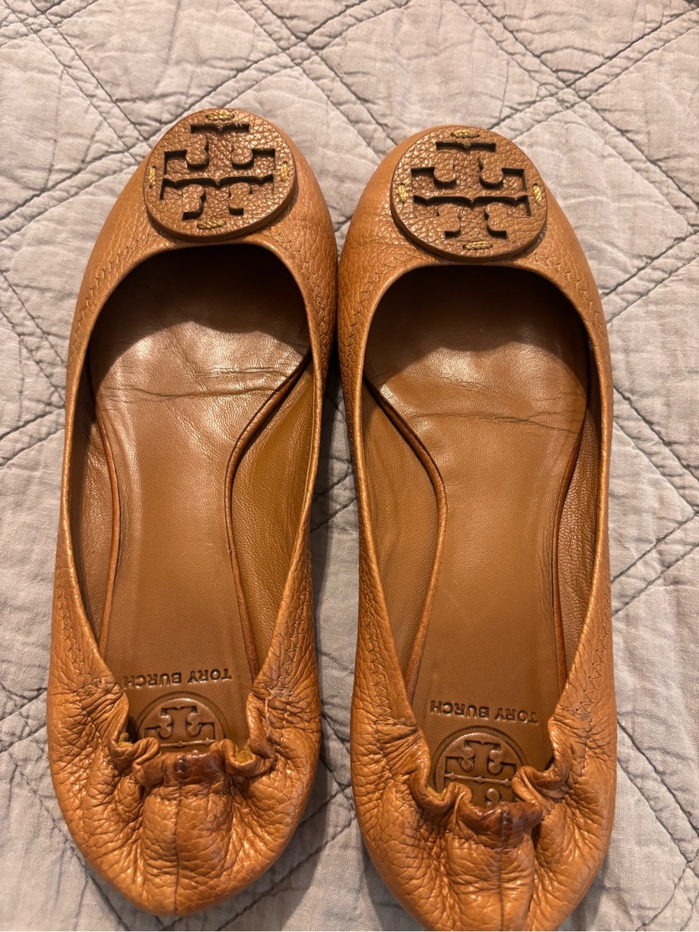 Tory Burch Tan Leather Reva Flats with Logo Medallion